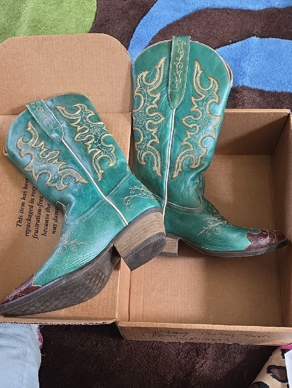 Turquoise Embroidered Western Heeled Boots - Picture 5 of 9